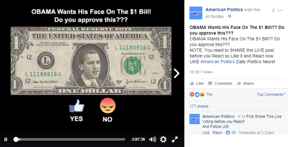 Picture of Obama on a one dollar bill. The poll reads "Obama Wants his face on the $1 bill, do you approve this?" Text on the side of the image says "you need to share this live post before you react"