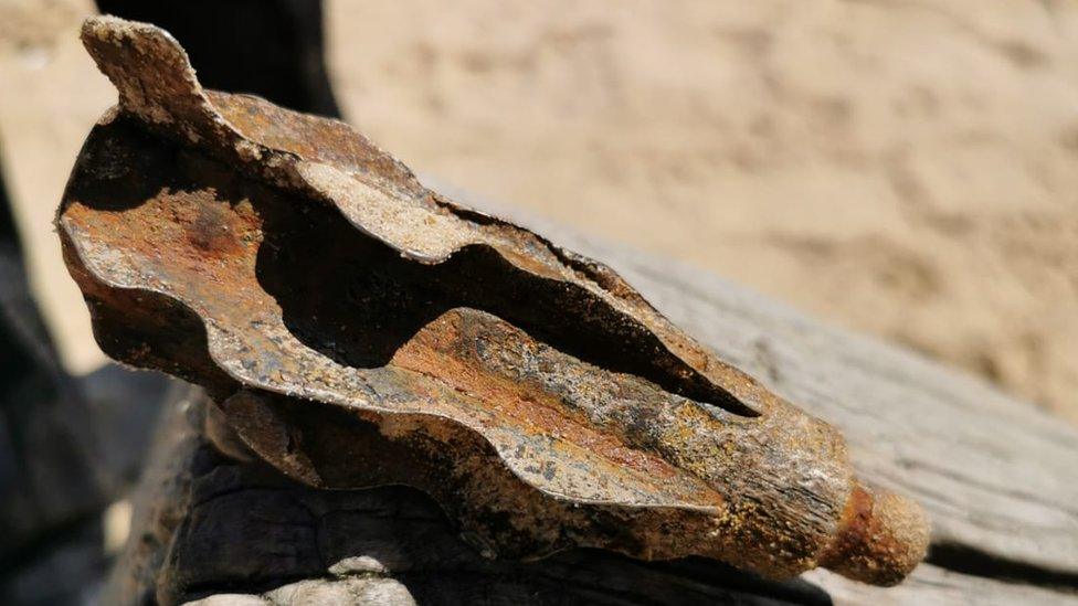 Mortar on Covehithe beach, Suffolk