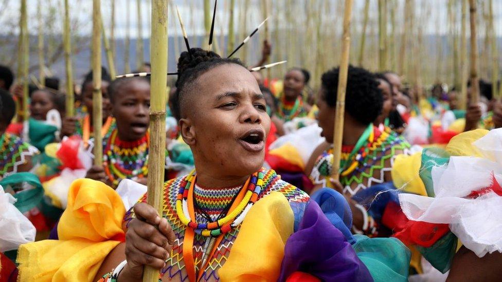 Zama Msomi, 36, from KwaMashu leads her group of maidens during the annual Umkhosi Womhlanga (Reed Dance) at Enyokeni Royal Palace on September 07, 2019 in Nongoma, South Africa