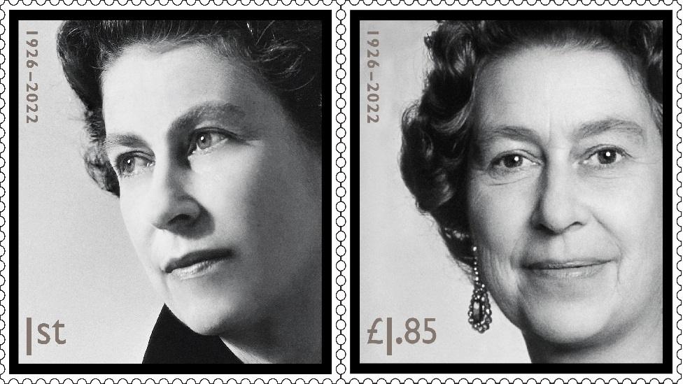 A picture of two of the stamps available for sale, showing the monarch in her younger and older years