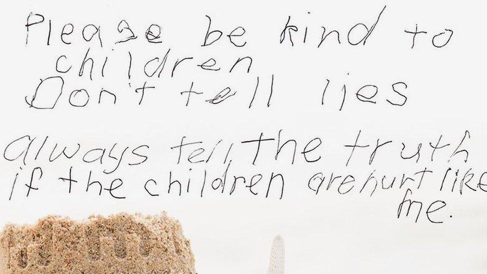 A message from a survivor reads: "Please be kind to children. Don't tell lies. Always tell the truth if the children are hurt like me."