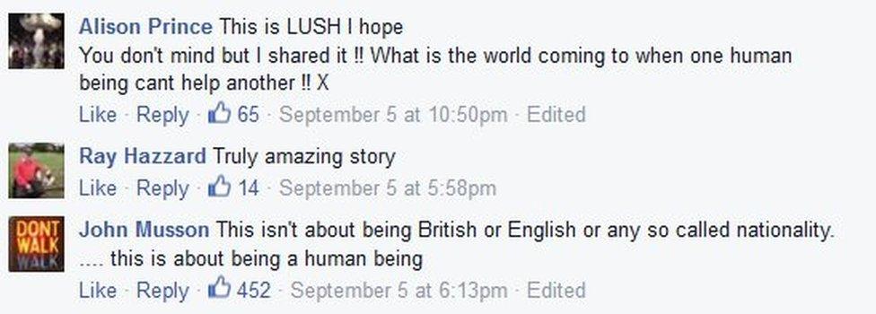 Facebook replies to Tat Wa Lay on his post on migrants: This is LUSH I hope You don't mind but I shared it !! What is the world coming to when one human being cant help another !!/ Truly amazing story/ This isn't about being British or English or any so called nationality. .... this is about being a human being"