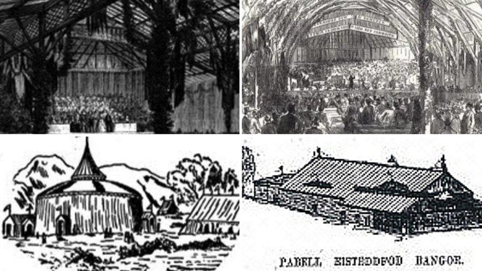 Pafiliwn Bangor 1874, Pwllheli 1875, Aberhonddu 1889, Bangor 1890