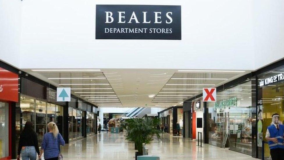 Beales department store sign inside the Dolphin Centre shopping mall