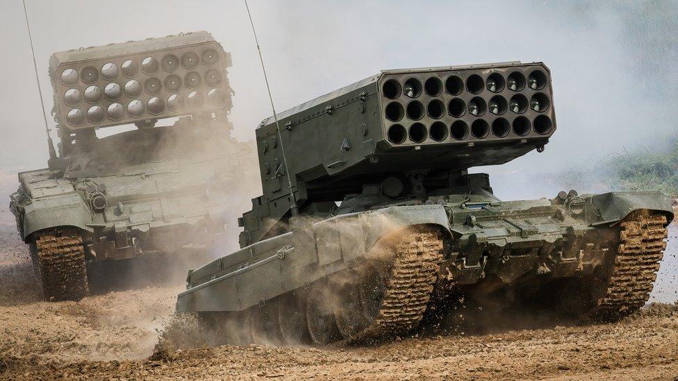 Russian Army TOS-1A "Solntsepyok (Blazing Sun)" multiple rocket launcher and thermobaric weapon mounted on a T-72 tank chassis seen during the annual Army Games defence technology international exhibition. Moscow 2021/08/25