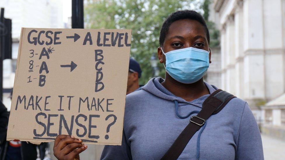 A student protests A-level results in central London