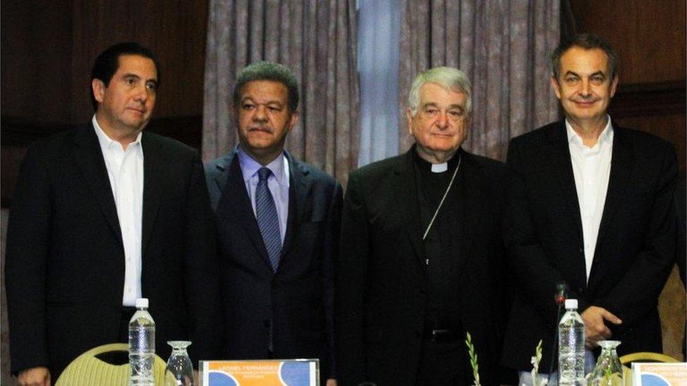 The Vatican's representative Monsignor Emir Paul Tscherrig(2-R), the former President of the Spanish government Jose Luis Rodriguez Zapatero(R), the former President of Panama Martin Torrijos(L) and Dominican Republic's former President Leonel Fernandez(L-2)