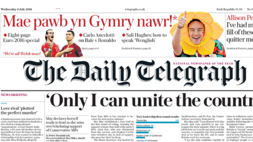 Ar yr un diwrnod, wnaeth tudalen flaen y Daily Telegraph ddatgan fod pawb yn Gymry... neges ychydig yn wahanol i'r arfer