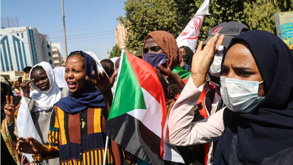 People continue protests demanding the restoration of civilian rule in Khartoum, Sudan on January 30, 2022.