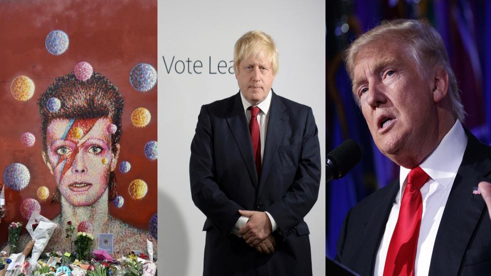 David Bowie memorial, Boris Johnson at a leave campaign function, Donald Trump on election night