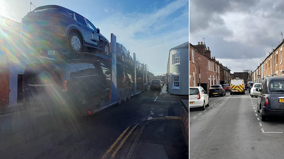 Lorries navigating narrow street