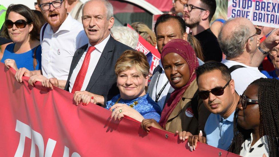 Emily Thornberry holding a banner during a pro-Brexit march