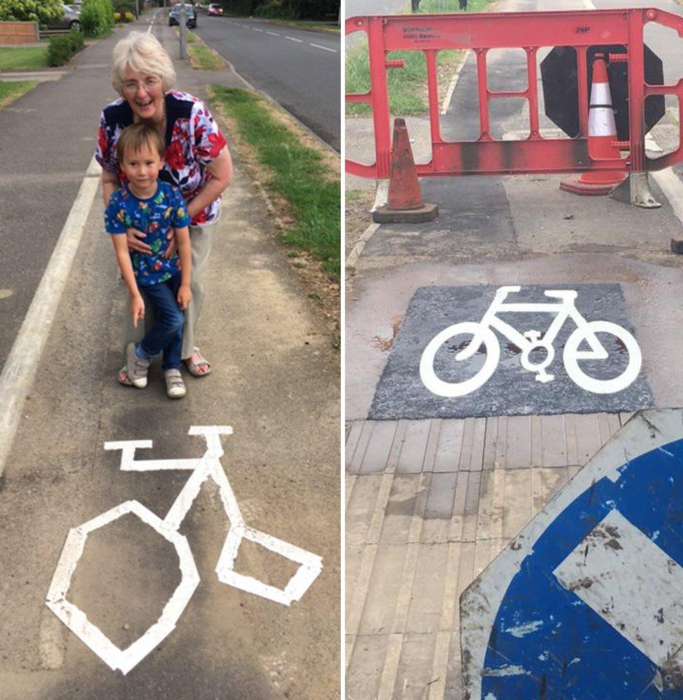 Paula Brown left and repainted bike road marking