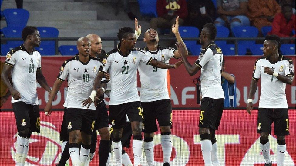 Ghana's Jordan Ayew leads his team's celebrations against DR Congo