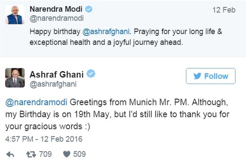 Twitter exchange between Indian and Afghan leaders - 13 February 2016