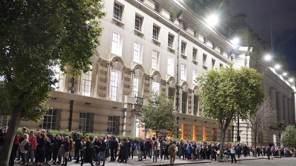 Members of the public in the queue in Westminster on the evening of 18 September to see the lying in state