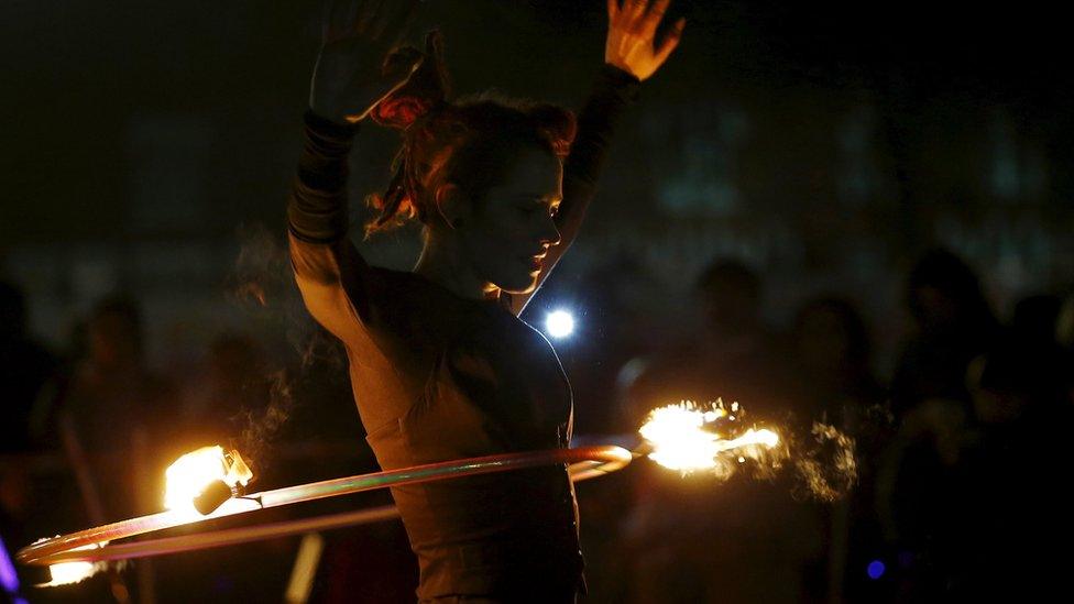 A fire dancer performs before the switching on of Diwali lights in Leicester