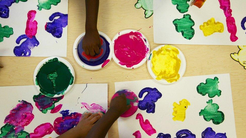 Kids painting with their hands.