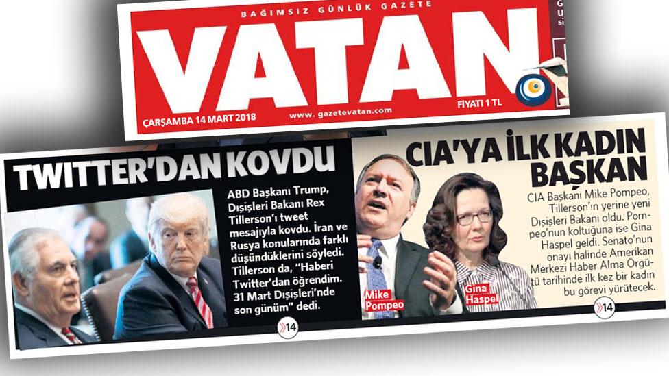 Front page of Vatan newspaper