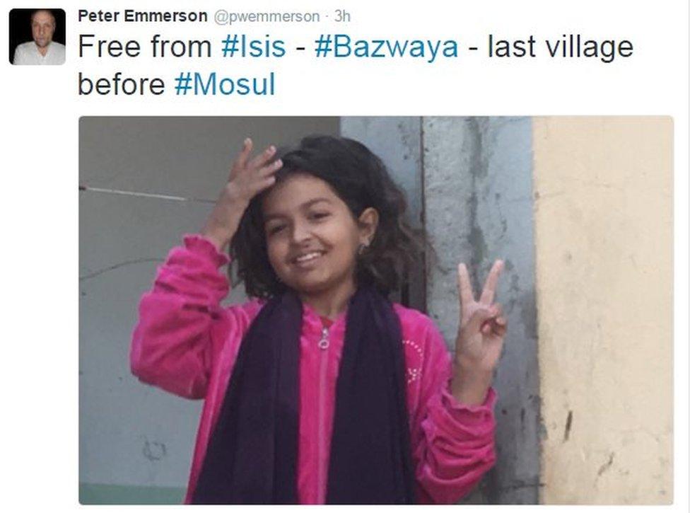 Tweet from Peter Emmerson reads: Free from Islamic State - Bazwaya, last village before Mosul