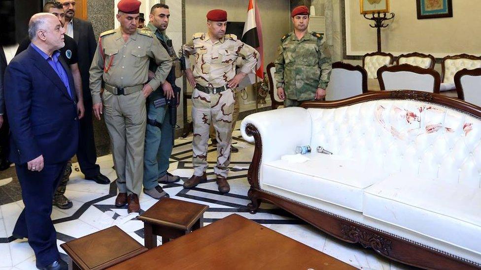 Iraqi PM Haider al-Abadi visiting parliament building damaged by protesters - 1 May 2016