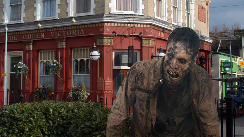 A zombie outside The Queen Vic pub