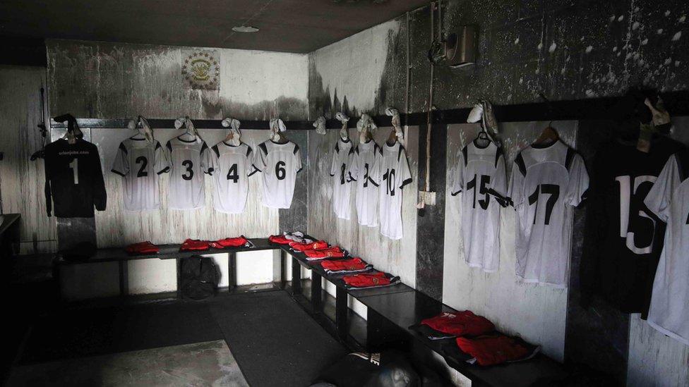 Clach FC shirts hanging in the fire damaged changing room