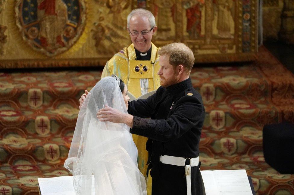 Prince Harry and Meghan Markle in St George's Chapel at Windsor Castle during their wedding service