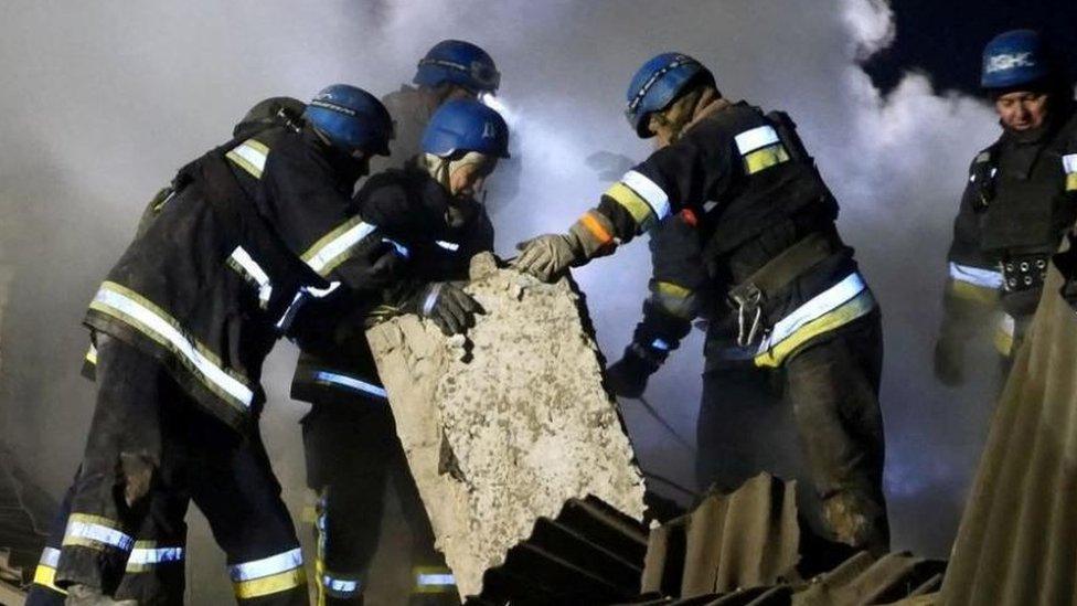 Rescuers work at the site of a maternity ward of a hospital destroyed by a Russian missile attack, as their attack on Ukraine continues, in Vilniansk, Zaporizhzhia region, Ukraine November 23, 2022