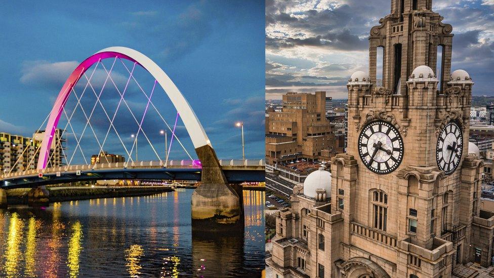 split image shows glasgow on the left and liverpool on the right