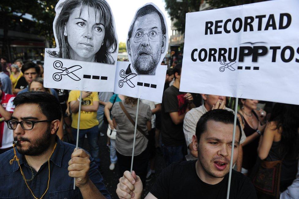 Anti-PP demonstration in Madrid, 18 Jul 13, targeting PP General Secretary Maria Dolores de Cospedal and Spanish Prime Minister Mariano Rajoy