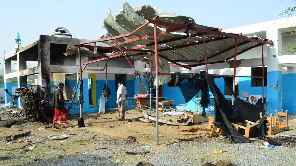 Aftermath of a Saudi-led coalition air strike on the Abs rural hospital in Hajjah province, Yemen (16 August 2016)