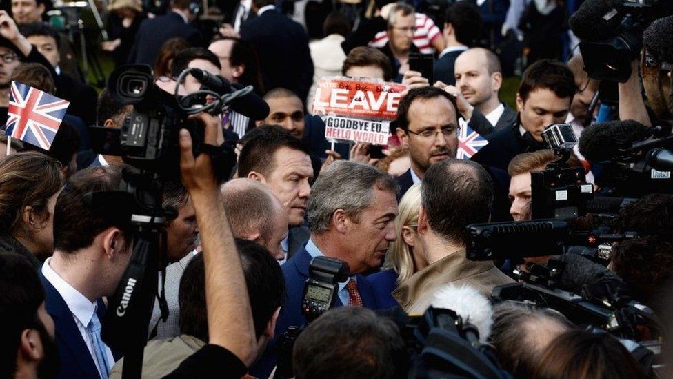 Leader of UKIP and Vote Leave campaign Nigel Farage speaks to the assembled media at College Green