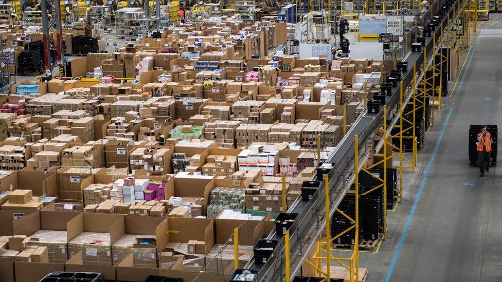 Boxes of goods stored inside a warehouse