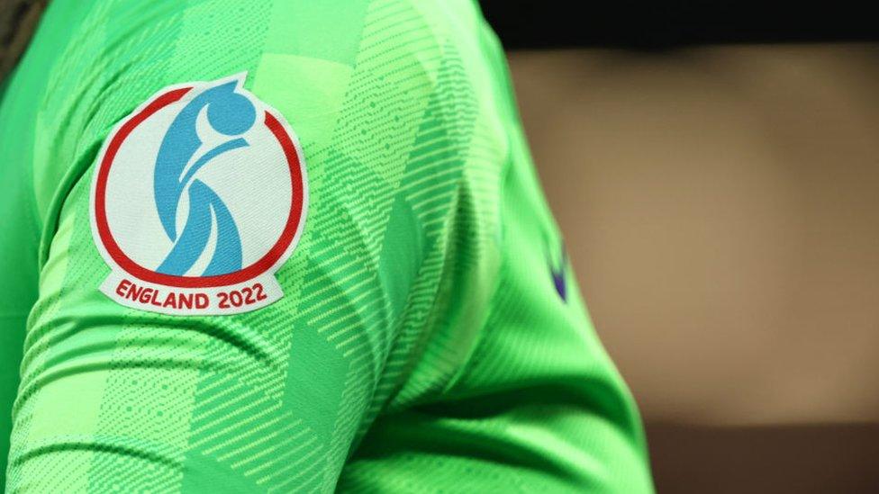 A detail view of the England 2022 logo on the shirt of Mary Earps of England