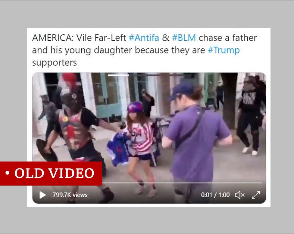 Screenshot of a video showing a man dressed as an Ancient Greek warrior with a woman running from a crowd. Message above it claims "Vile far left antifa and BLM chase a father and his young daughter because they are Trump supporters". We labelled it "old video"