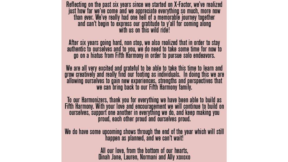 Fifth Harmony's statement on Twitter