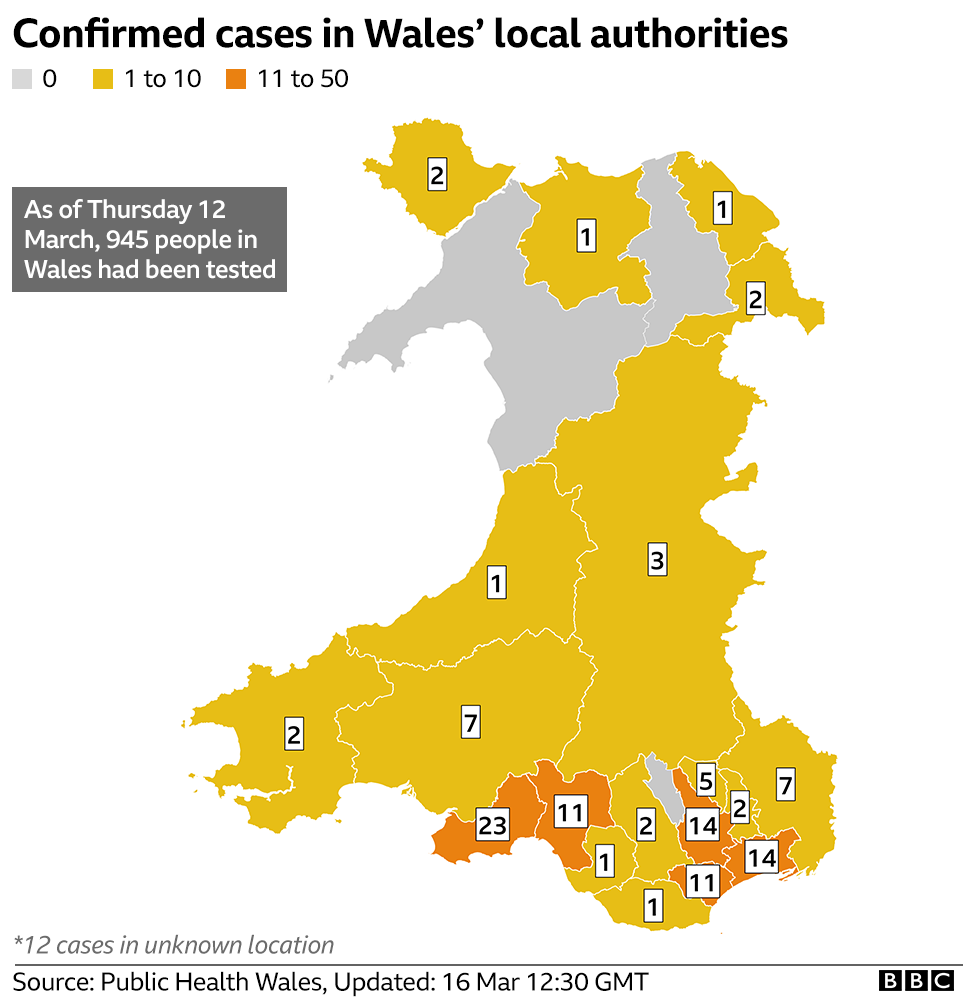 A map showing the number of confirmed cases of coronavirus in Wales