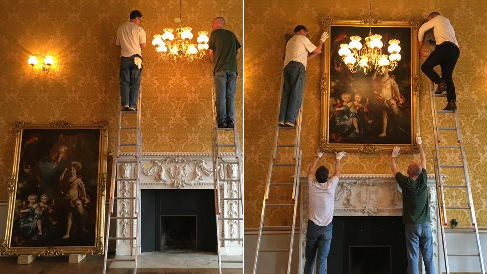 Portrait of Crew sisters being re-hung at Wrest Park