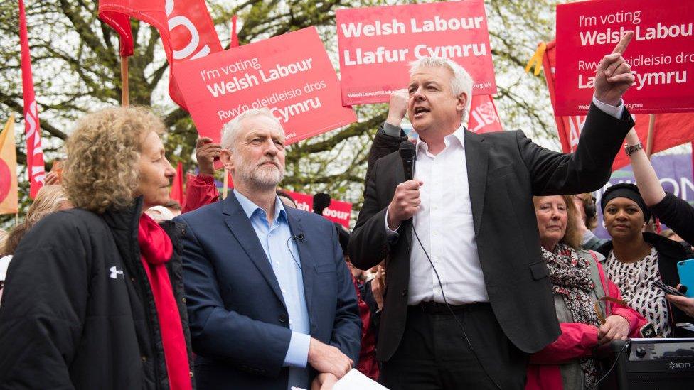 Carwyn Jones with Jeremy Corbyn and Christina Rees