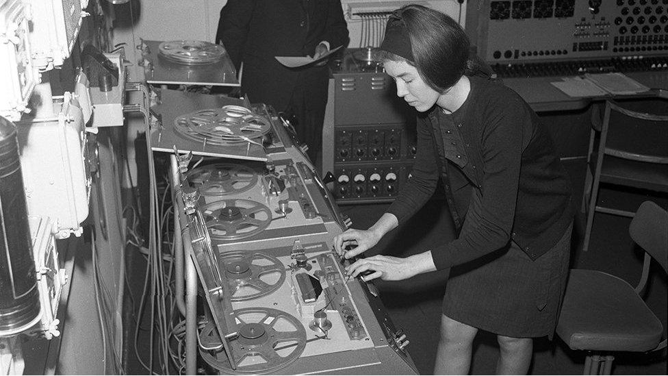 Delia Derbyshire working in studio