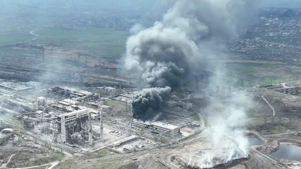 Smoke rises over the Azovstal plant after a Russian bombardment