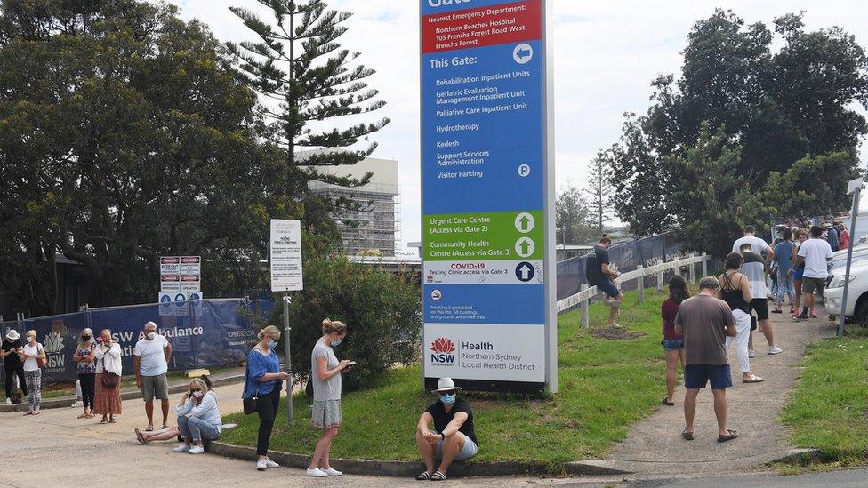 People line up for testing at walk-in clinic in Sydney's Northern Beaches region