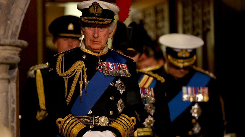 King Charles III leads his siblings into Westminster Hall