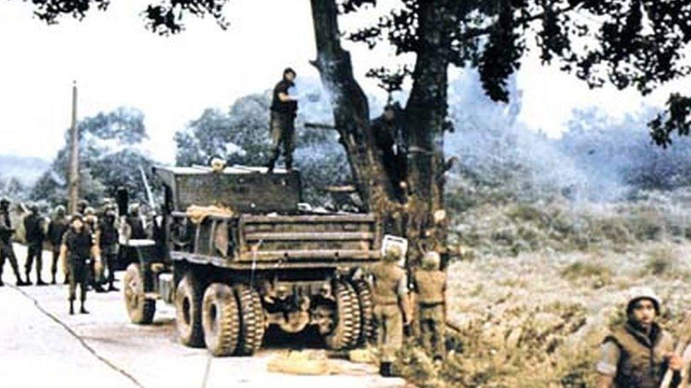 US troops chop down a tree in the Korean DMZ in August 1976