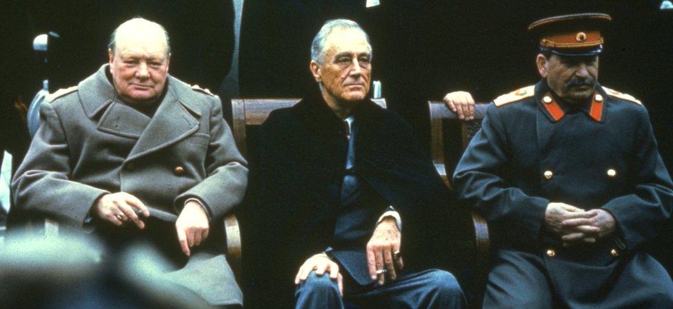 Winston Churchill, Franklin D Roosevelt, and Joseph Stalin at Yalta in 1945