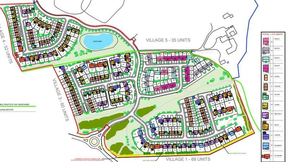 Design showing aerial view of new houses and plots