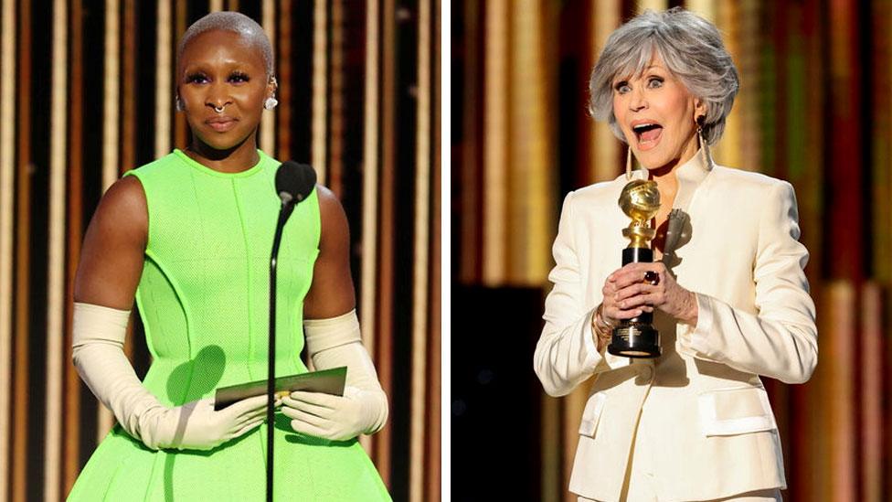 Cynthia Erivo and Jane Fonda at the Golden Globe Awards in Beverly Hills, February 28, 2021