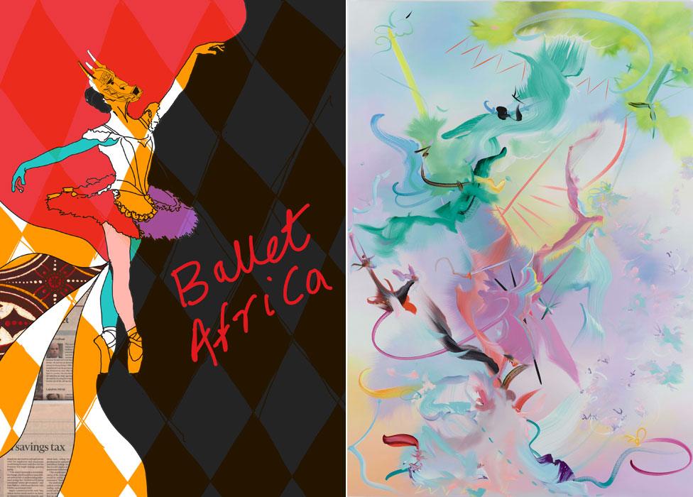 Ballet Africa by Yinka Shonibare and Many-Coloured Messenger Seeks Her Fortune by Fiona Rae