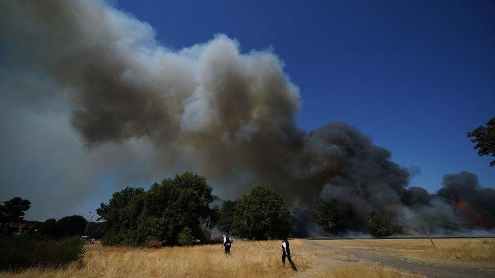 Police officers at the scene of a grass fire on Leyton flats in east London